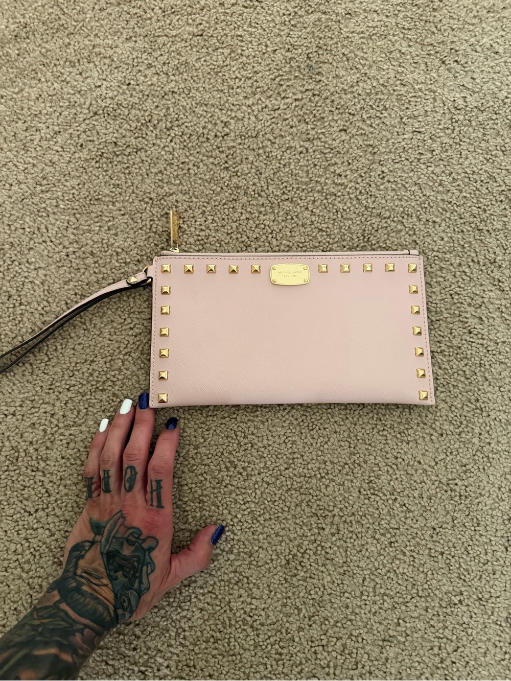 Michael Kors Blush Pink Studded Wristlet Clutch with Gold Accents